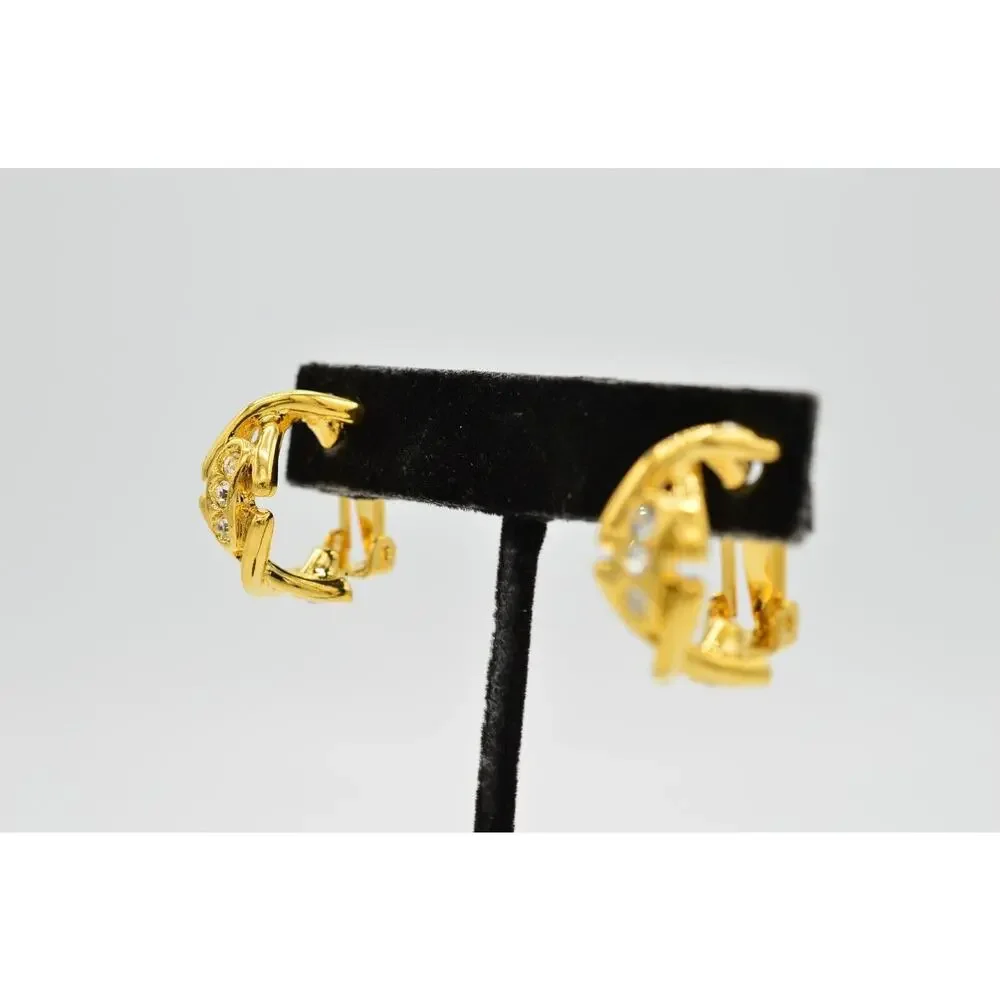 Vintage Crystal Clip On Earrings Gold Dangle X Rhinestone Chunky NOS 1980s 9L
